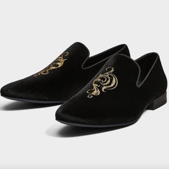 NWOB Zara Velvet Embroidered Smoking Loafers
